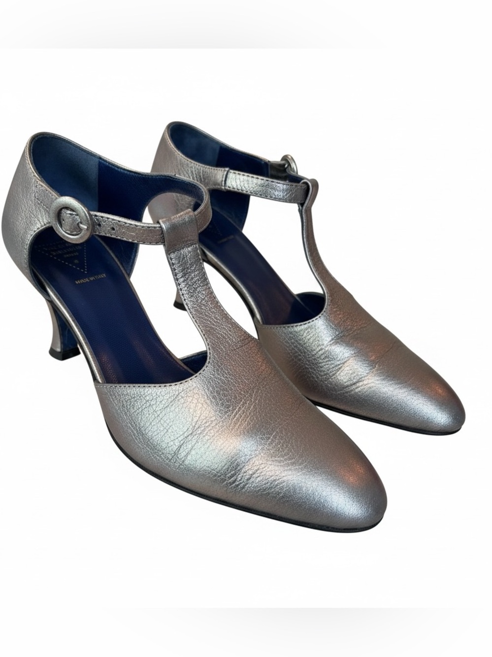 RANGONI Italian bronze pebbled leather T-Strap Mid Heel Pumps, 8.5M